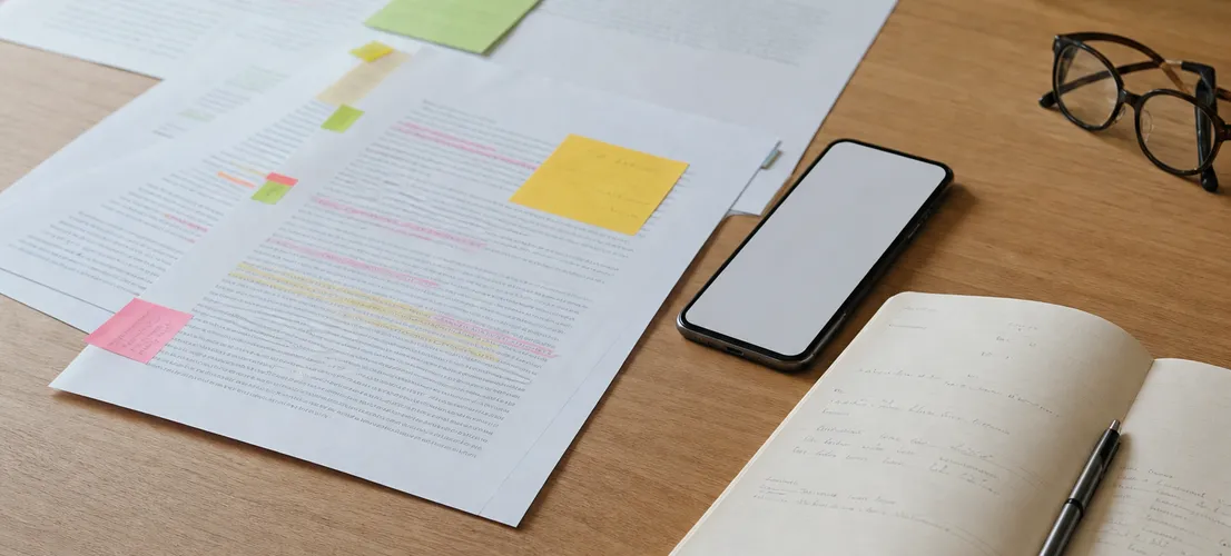 Mesa de trabajo con un artículo impreso y notas de colores marcando fragmentos para una biblioteca de contenido