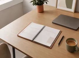 Escritorio organizado con planificación editorial, símbolo de una pyme con presencia constante sin departamento propio