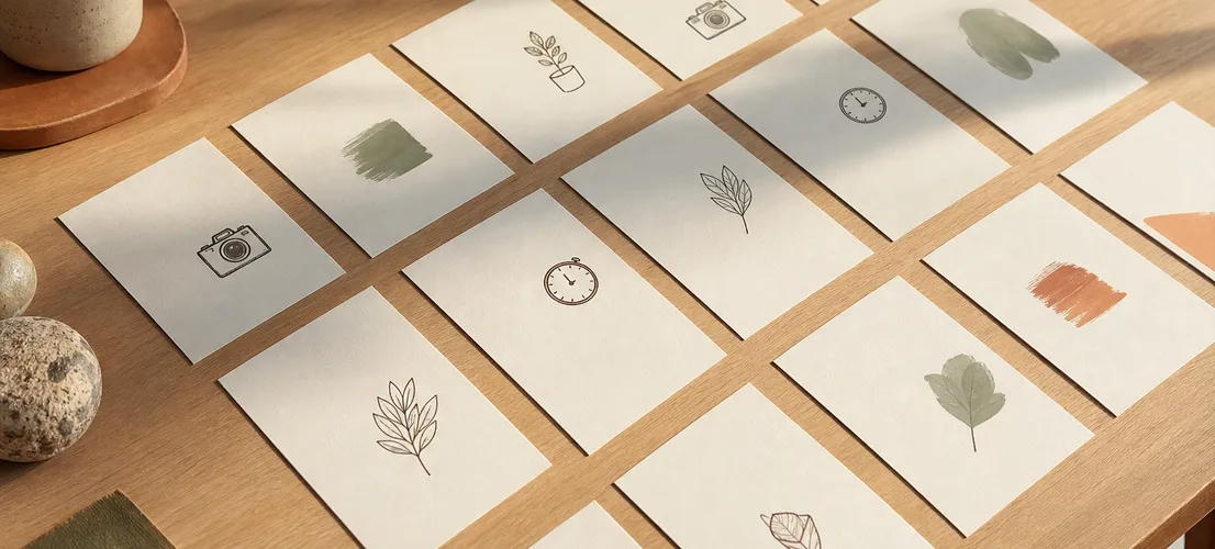 Tarjetas de calendario editorial organizadas representando presencia constante en redes sin trabajo diario