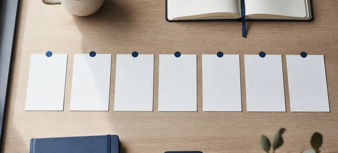 Calendario de contenido organizado sobre un escritorio, representando la presencia diaria B2B