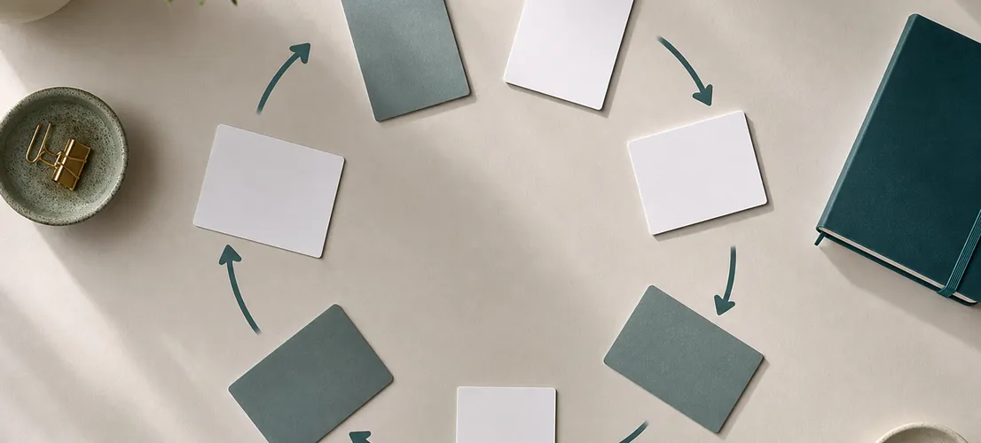 Tarjetas de contenido dispuestas en círculo representando presencia diaria en redes sin contratar