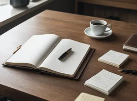 Mesa de despacho profesional con agenda y notas, símbolo de presencia diaria y criterio en servicios profesionales