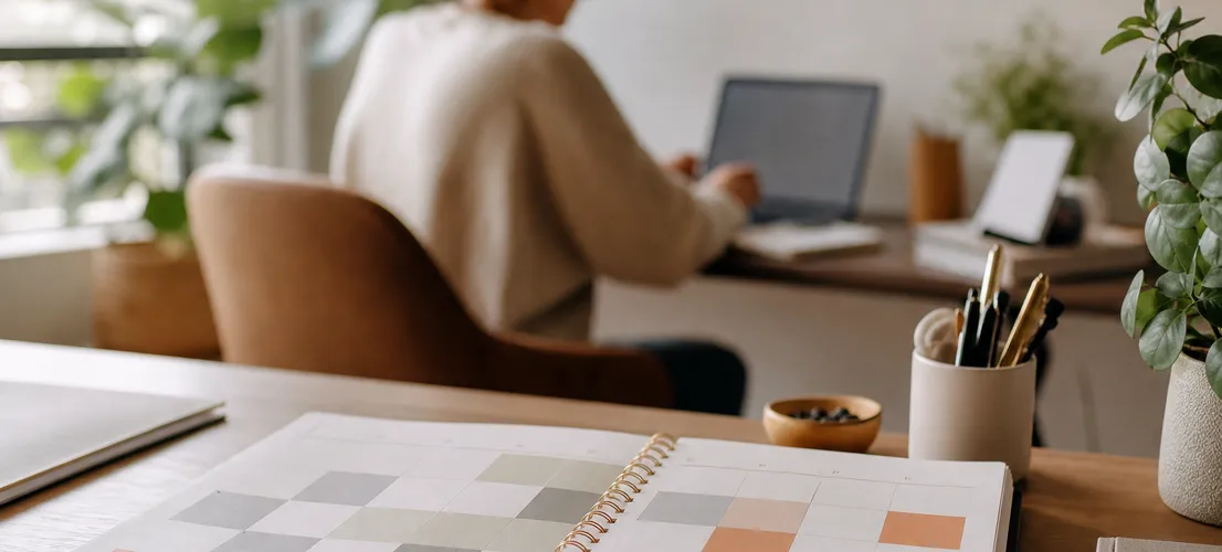 Calendario de contenido planificado sobre un escritorio mientras el dueño del negocio trabaja en otra tarea