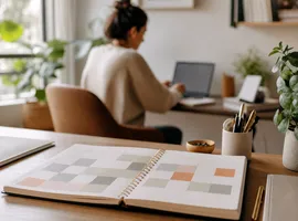 Calendario de contenido planificado sobre un escritorio mientras el dueño del negocio trabaja en otra tarea