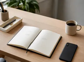 Escritorio ordenado con agenda casi vacía, símbolo de menos reuniones de marketing y más control