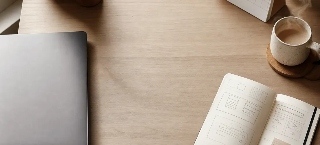 Escritorio con portátil apagado junto a libreta y calendario, símbolo del paso de web estática a marca activa