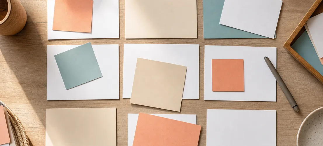Mesa de trabajo con tarjetas de contenido organizadas, representando un sistema de publicaciones con variación