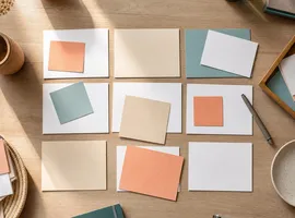 Mesa de trabajo con tarjetas de contenido organizadas, representando un sistema de publicaciones con variación