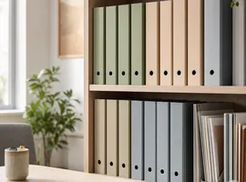 Archivador organizado por categorías que representa una biblioteca de contenido lista para publicar en redes