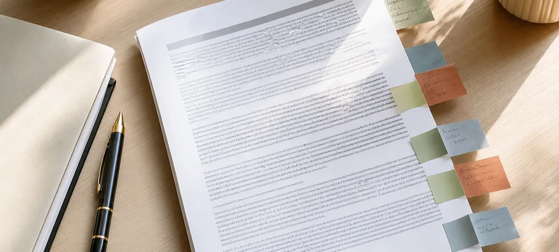 Artículo impreso del que surgen varias notas de ideas, representando cómo reutilizar contenido para redes sociales