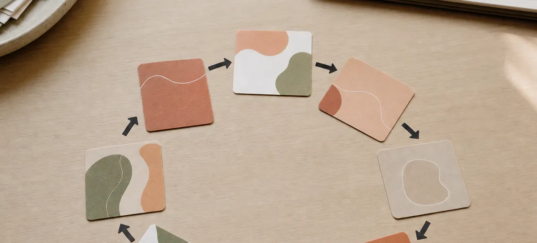 Tarjetas de contenido dispuestas en círculo representando un sistema de rotación social frente a un calendario tradicional