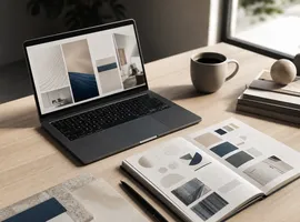 Escritorio con bocetos de identidad de marca, representando cómo el branding mejora la conversión