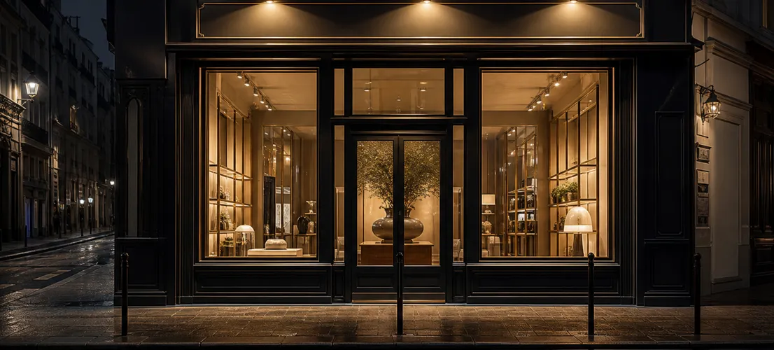Escaparate de marca bien diseñado en una calle vacía, metáfora del branding sin distribución