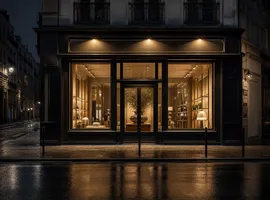 Escaparate de marca bien diseñado en una calle vacía, metáfora del branding sin distribución