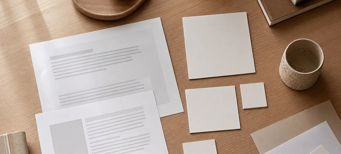 Mesa de trabajo editorial con artículo de blog convertido en piezas de contenido social