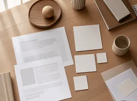 Mesa de trabajo editorial con artículo de blog convertido en piezas de contenido social