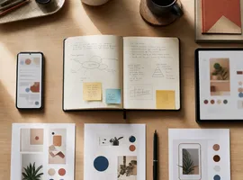 Escritorio organizado con dispositivos y documentos alrededor de un cuaderno, símbolo de coherencia de marca entre canales