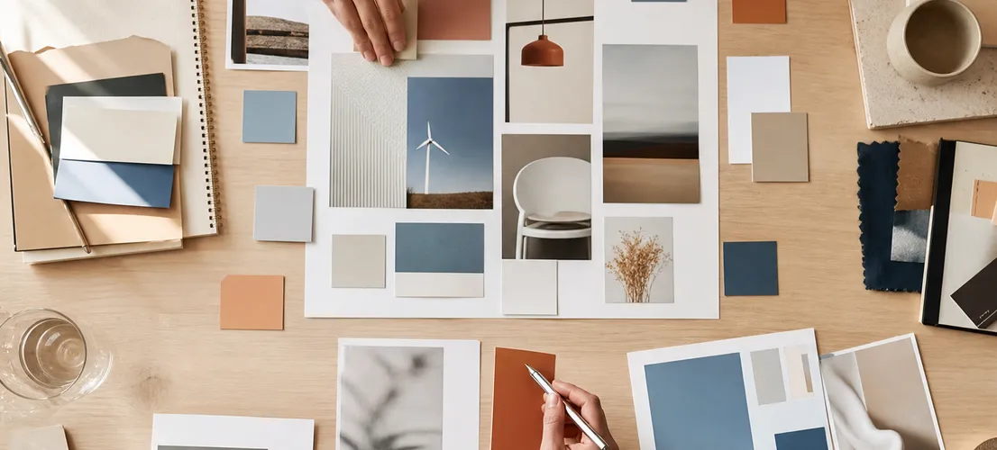 Materiales de marca y contenido organizados sobre una mesa representando un sistema de marketing integrado B2B