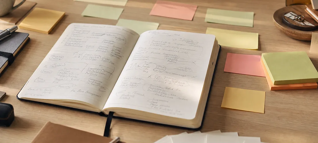 Notas de investigación convertidas en varias ideas de contenido para redes sociales