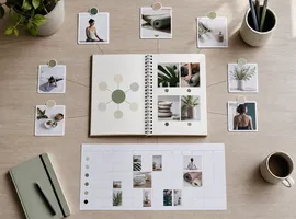 Mesa de trabajo con una estrategia central de contenido desplegándose en varios formatos para distintos canales