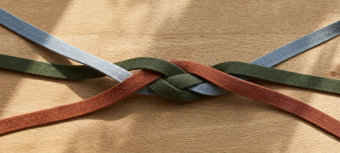 Tres cintas de colores entrelazándose en un cordón único, representando un sistema integrado de SEO, social y branding