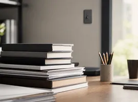Escritorio con documentos acumulados junto a un interruptor apagado, símbolo de contenido vs ads