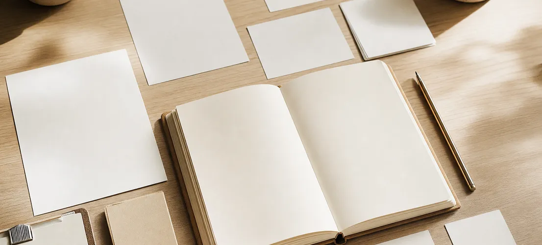 Escritorio ordenado con documentos fluyendo hacia un punto central, símbolo de captar clientes con contenido