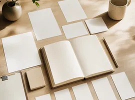 Escritorio ordenado con documentos fluyendo hacia un punto central, símbolo de captar clientes con contenido