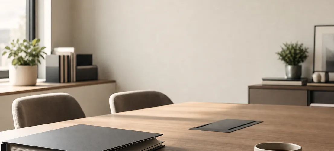 Mesa de reunión preparada con documentos y notas antes de una conversación comercial