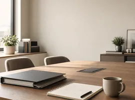 Mesa de reunión preparada con documentos y notas antes de una conversación comercial