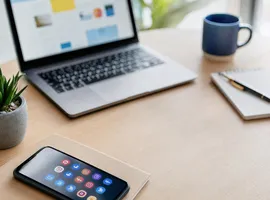 Escritorio con móvil mostrando redes sociales y portátil con una web de fondo, simbolizando la conexión entre ambos canales