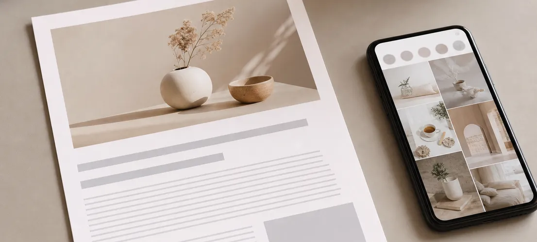 Mesa de trabajo con un artículo de blog impreso y un móvil mostrando redes sociales, representando coherencia de marca