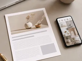 Mesa de trabajo con un artículo de blog impreso y un móvil mostrando redes sociales, representando coherencia de marca