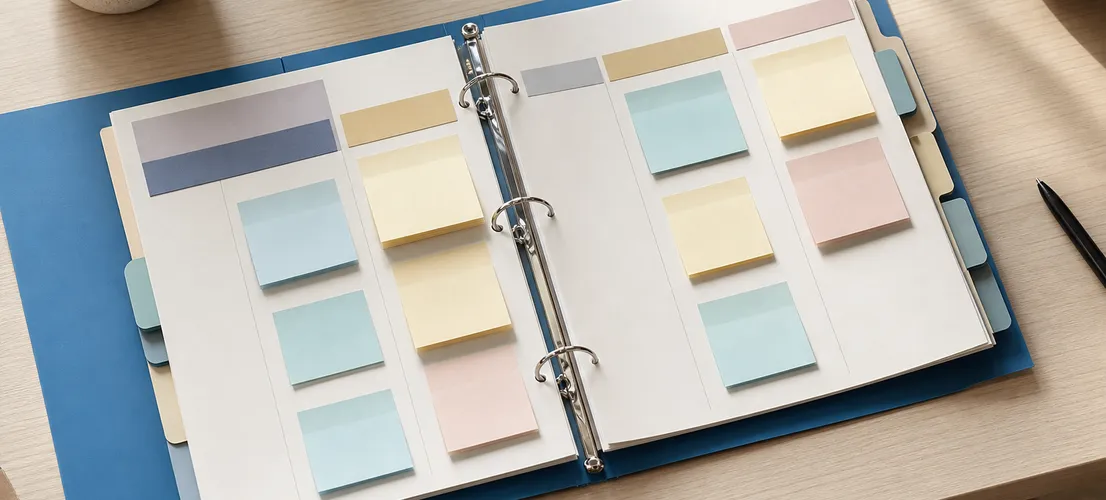 Carpeta de referencia organizada con notas de estilo, ejemplo de guía editorial para contenido