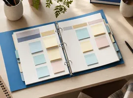 Carpeta de referencia organizada con notas de estilo, ejemplo de guía editorial para contenido