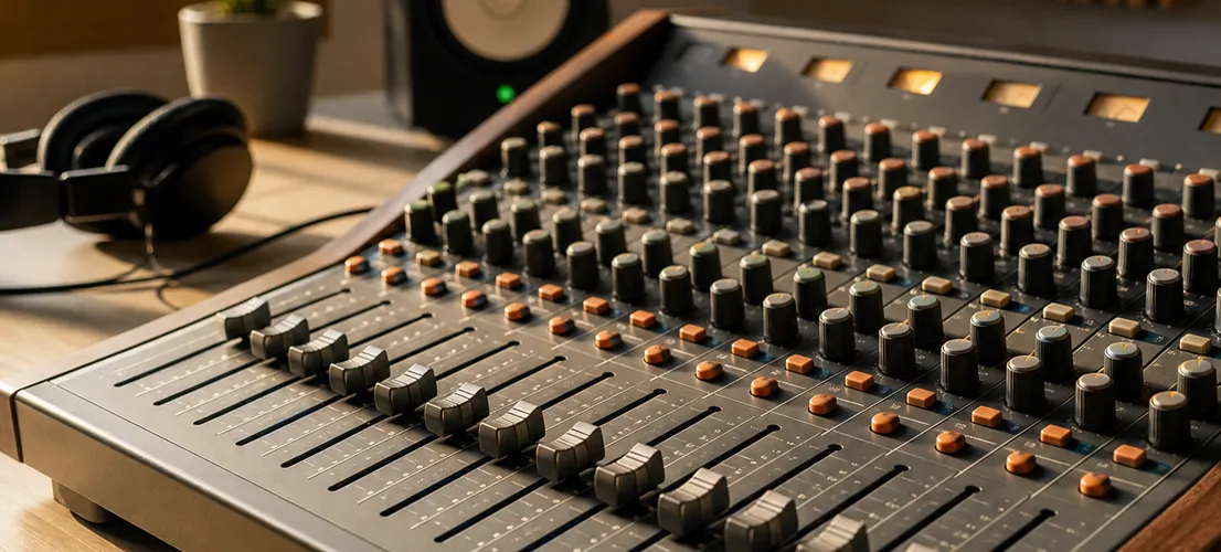 Panel de mezcla de sonido como metáfora de calibrar el tono al definir la voz de marca