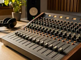 Panel de mezcla de sonido como metáfora de calibrar el tono al definir la voz de marca