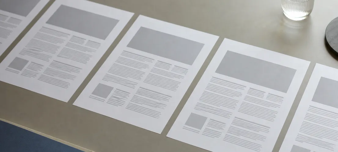 Hojas de contenido casi idénticas sobre un escritorio, representando errores al crear voz de marca con IA
