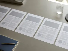 Hojas de contenido casi idénticas sobre un escritorio, representando errores al crear voz de marca con IA