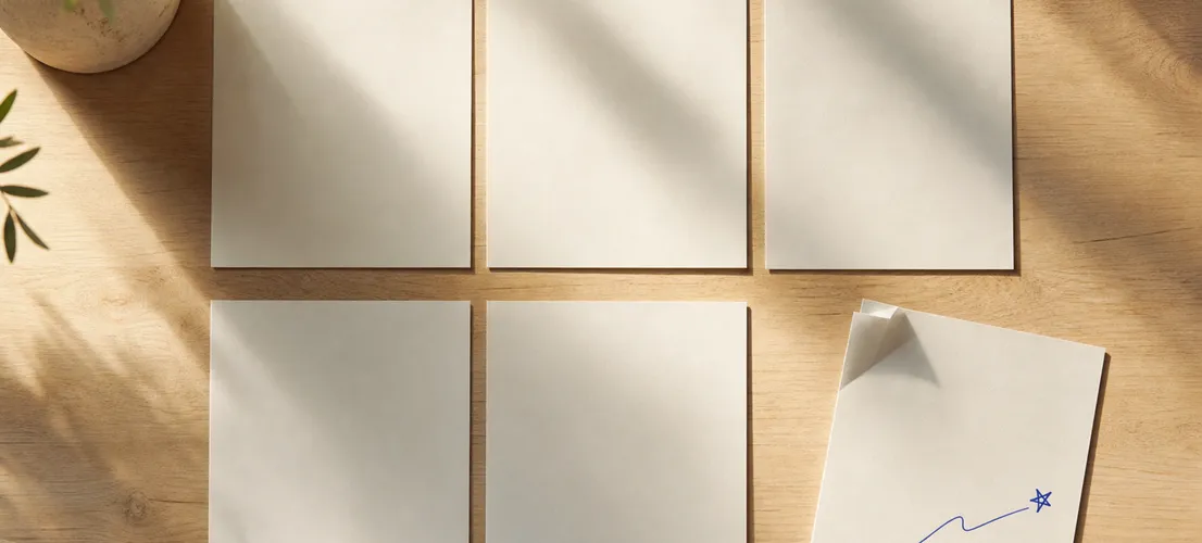 Hojas de papel alineadas con una diferente y anotada a mano, representando contenido con personalidad frente al genérico