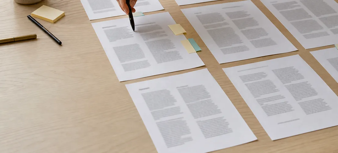 Hojas de contenido comparadas sobre una mesa para medir si la IA respeta la voz de marca