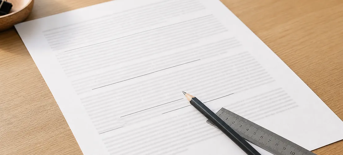 Hoja de texto marcada a mano durante una revisión editorial de contenido antes de publicar