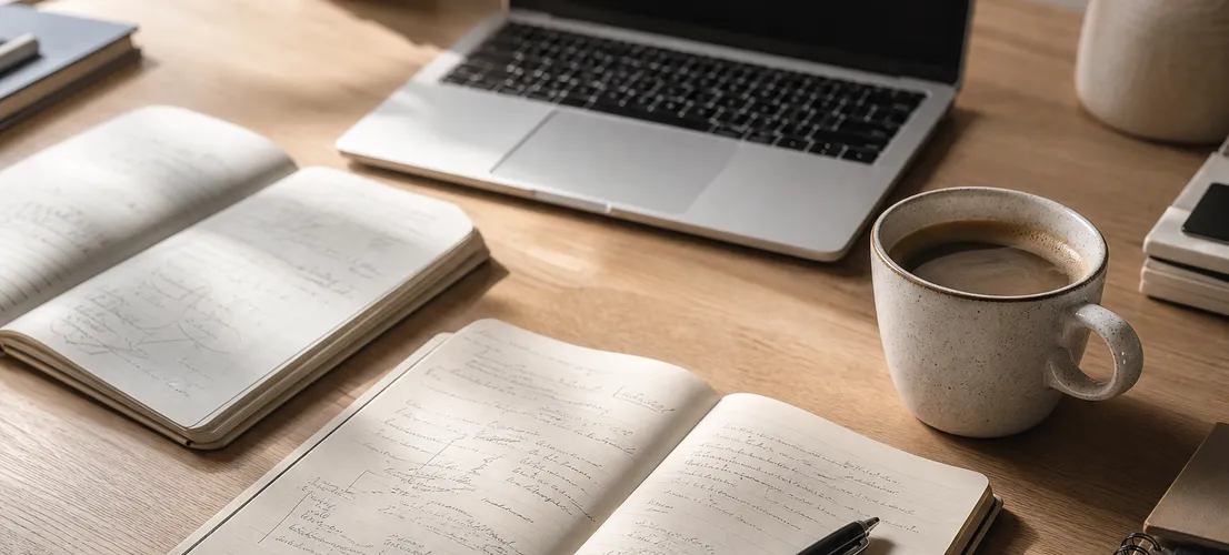 Escritorio con notas manuscritas y portátil, representando el criterio humano al usar IA sin perder personalidad de marca