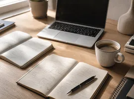 Escritorio con notas manuscritas y portátil, representando el criterio humano al usar IA sin perder personalidad de marca