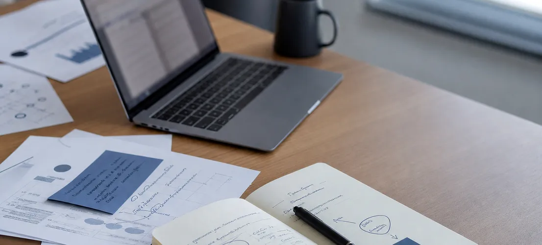 Escritorio de trabajo con documentos de tono de marca revisados a mano junto a un portátil, en un despacho B2B