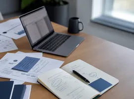Escritorio de trabajo con documentos de tono de marca revisados a mano junto a un portátil, en un despacho B2B