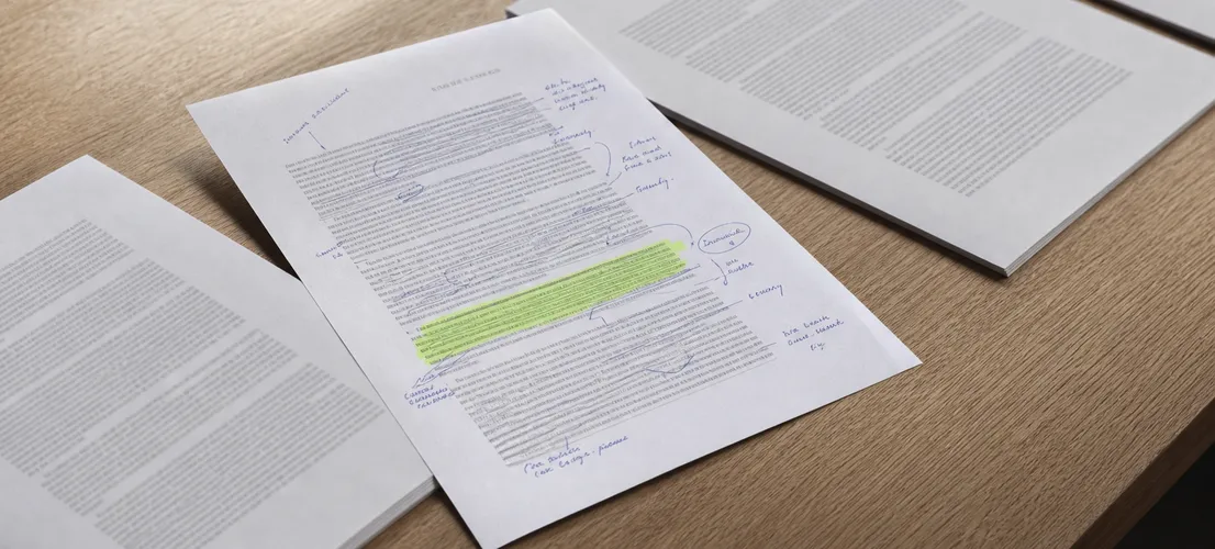 Hojas de contenido genérico junto a una página con edición manual que representa la voz de marca en IA