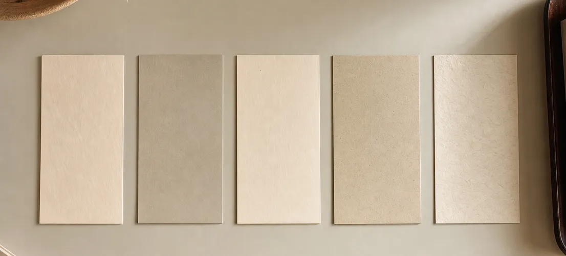 Tarjetas de tono alineadas sobre un escritorio, representando la coherencia de la voz de marca